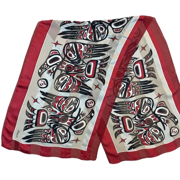 Bill Helin Indigenous Art Silk Scarf – Red & Black – 19” x 56” - Picture 4 of 10